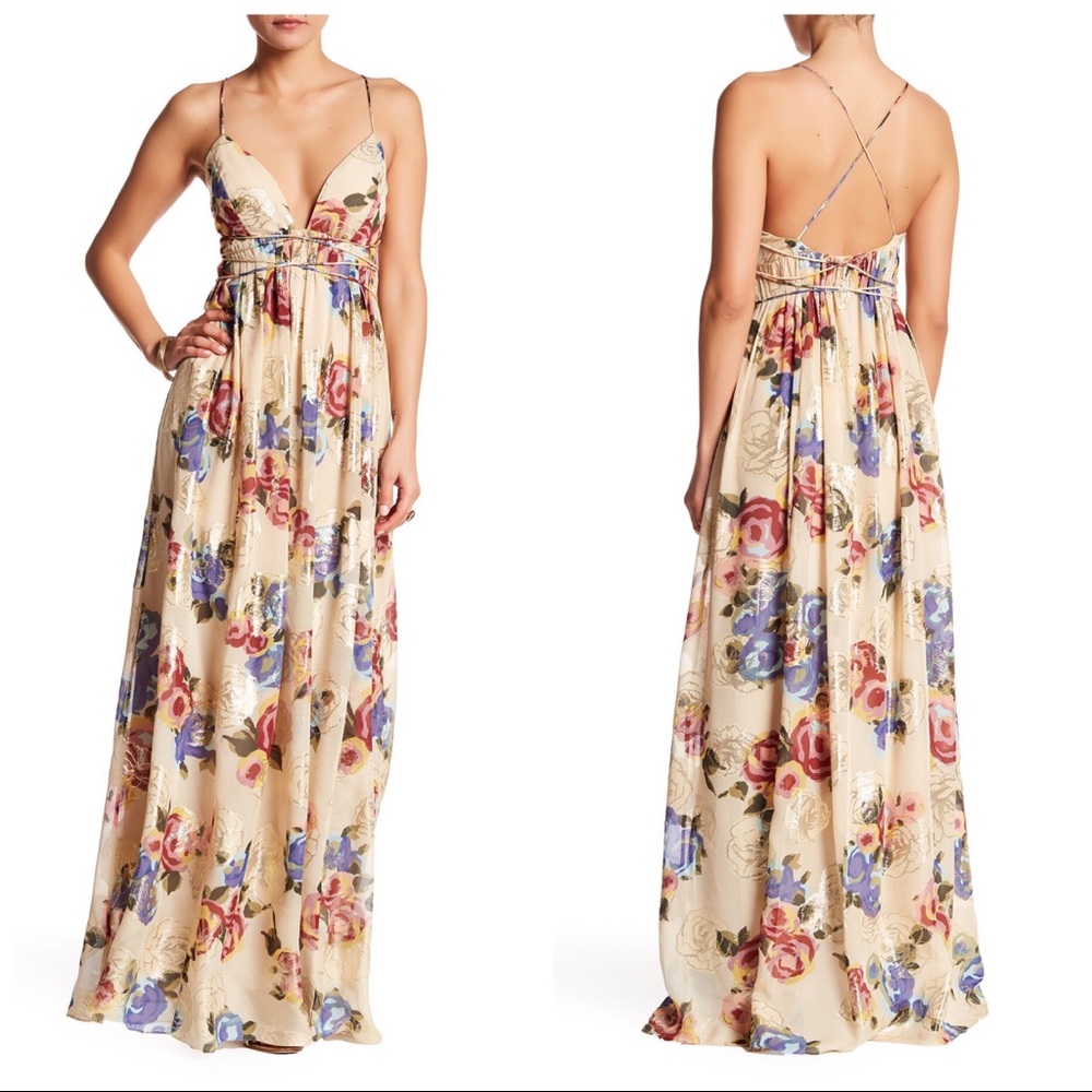 Free People Shadows Printed Gown Silk Blend Metallic Floral Maxi Dress 4